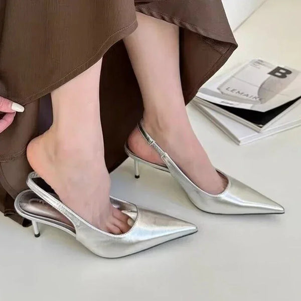 Elegant High Heels Silver Pumps Women Slingbacks Pointed Toe Party Shoes